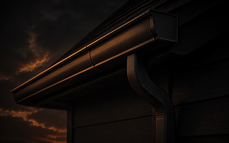 Metal gutter and downspout along a roof eave at dusk