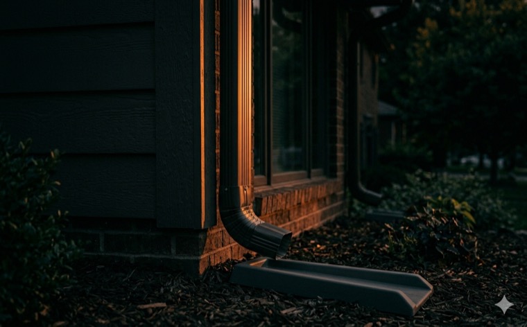 Downspout carrying water away from a home foundation at dusk