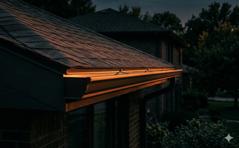 Older sagging gutter being replaced on a home at dusk