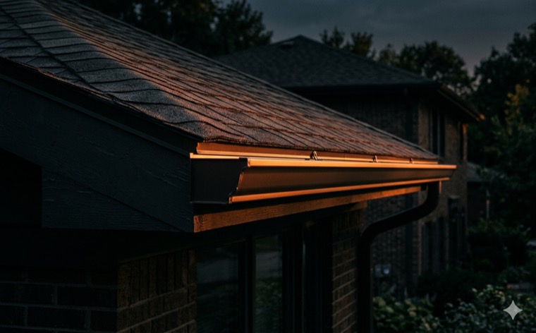 Seamless gutter running along a roof eave at dusk