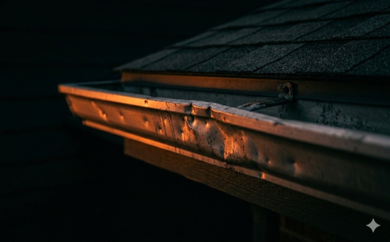Hail-dented metal gutter along a roof eave at dusk