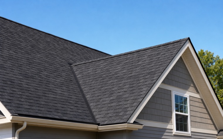 Clean new shingle roof against a blue sky