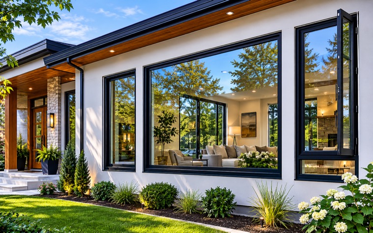 Contemporary home with large black-framed windows in bright daylight