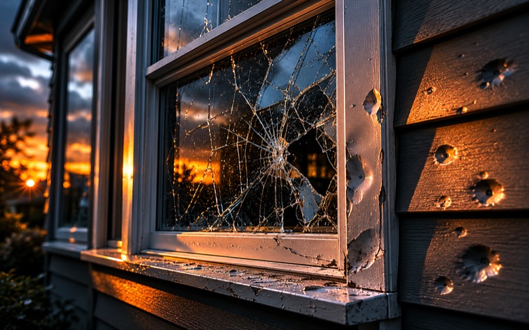 Window with hail-cracked glass and a dented frame at dusk